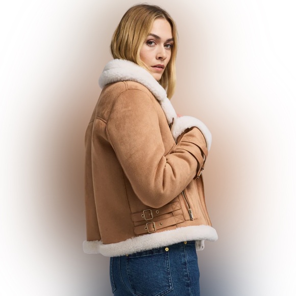 Generation Love Dion Vegan Suede Shearling Cognac Moto Jacket Size XXS (Small) - Picture 2 of 14